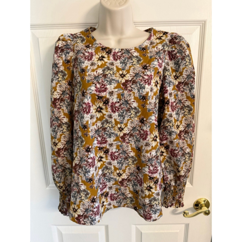 Pleione floral blouse mustard yellow round neck puff sleeves gathered cuffs sz S